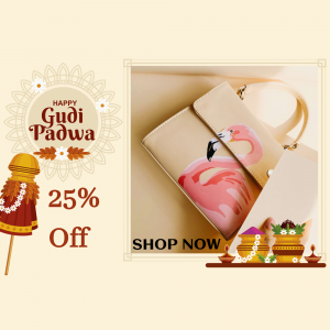 Gudi Padwa sale advertisement featuring flamingo-themed handbags and traditional decorations.