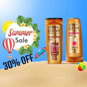 L'Oreal Elvive shampoo and conditioner bottles on a beach with a summer sale promotion.
