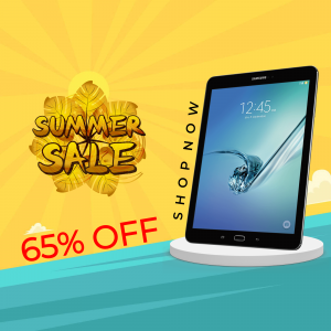 Samsung tablet on display with a summer sale promotion