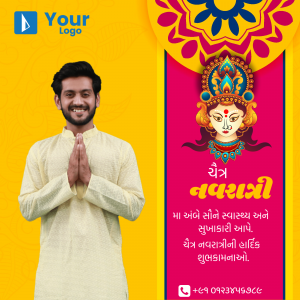 Man in traditional attire with a Navratri themed background and Goddess Durga image