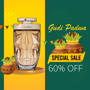 Cartier perfume bottle with Gudi Padwa decorations and a 60% off sale promotion.