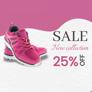 Pink running shoes on a white and pink background with a sale promotion.