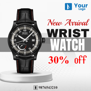 Black and silver Mido wrist watch with leather strap on a white pedestal