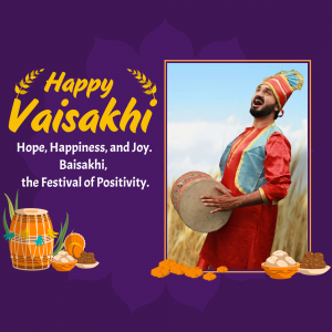 A Vaisakhi greeting with a man playing a dhol and festive decorations.