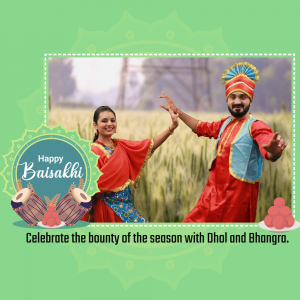 People celebrating Baisakhi with traditional dance and music