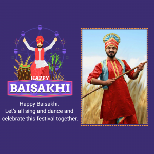 Image depicting a Happy Baisakhi greeting with people in traditional Punjabi attire and festive decorations.