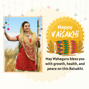 A woman in traditional Punjabi attire celebrating Vaisakhi with a dhol drum and wheat stalks.