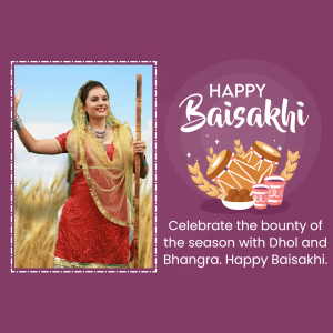 A woman in traditional Punjabi attire celebrating Baisakhi with dhol and wheat field background.