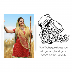 A woman in traditional Punjabi attire celebrating Baisakhi with a dhol drum illustration.