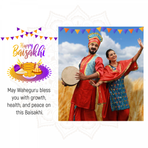 A couple celebrating Baisakhi festival with traditional attire and instruments.