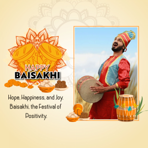 A festive Baisakhi image with a man playing a drum and traditional decorations.