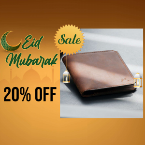 Brown leather wallet with Eid Mubarak sale promotion