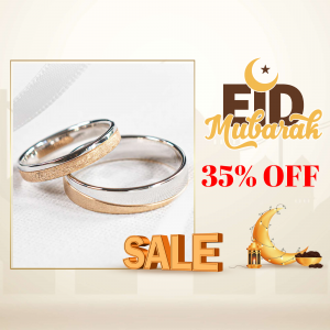 Eid Mubarak sale advertisement featuring wedding rings with a 35% discount.