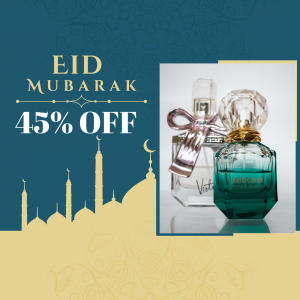 Eid Mubarak promotion with a perfume bottle and mosque silhouettes