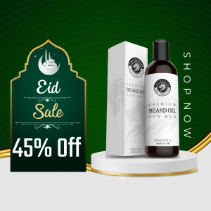 Premium Beard Oil product advertisement with Eid Sale offer