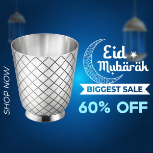 Eid Mubarak promotional image featuring a silver glass with a crescent moon and sale announcement.