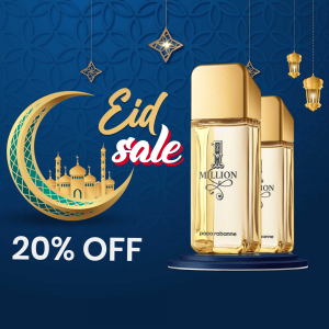 Paco Rabanne 1 Million perfume bottles with Eid crescent moon and sale promotion.