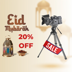Eid Mubarak sale promotion featuring a camera, lantern, dates, and a sale banner.