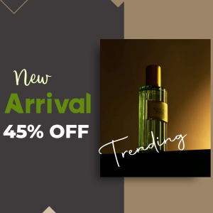 Image of a perfume bottle with a 'New Arrival' and '45% Off' promotion.