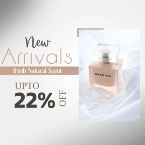 Narciso Rodriguez perfume bottle with promotional text for new arrivals and discount.