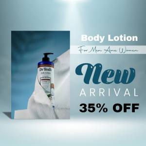 Dr. Teals Body Lotion bottle on a towel with a promotional offer.