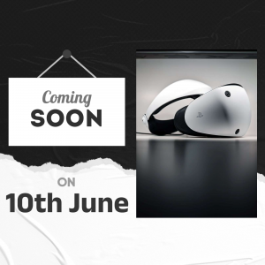 PlayStation VR2 headset with a 'Coming Soon' banner and launch date.