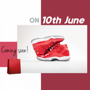 Red and white sneakers with a release date announcement
