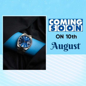Close-up of a silver and blue watch on a wrist with 'Coming Soon' text overlay