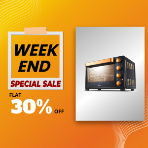 Image of an oven with a weekend sale promotion
