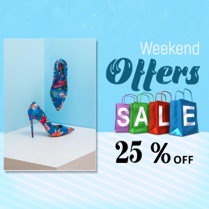 Image of a floral high heel shoe with shopping bags and a weekend sale promotion.