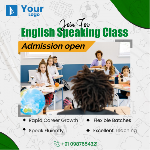 Advertisement for English speaking class with students in a classroom