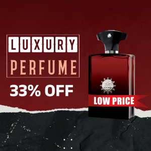 Luxury perfume bottle with a 33% off promotion