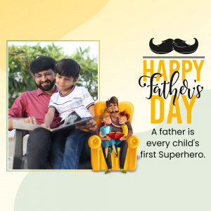 A heartwarming Father's Day graphic featuring a father and son reading together and another father with two children.