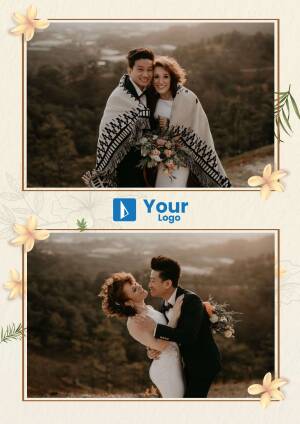 A couple embracing in wedding attire with a mountain backdrop and floral decorations.