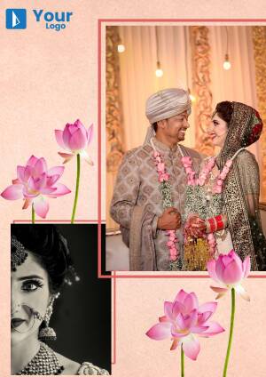 A beautifully designed image featuring an Indian couple in wedding attire with lotus flowers and decorative elements.