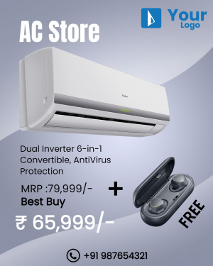 Advertisement for a Dual Inverter AC with a free pair of earbuds