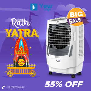 Rath Yatra sale advertisement featuring a cooler and a chariot