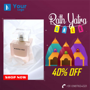 Rath Yatra Sale advertisement featuring Narciso Rodriguez perfume and festive decorations.