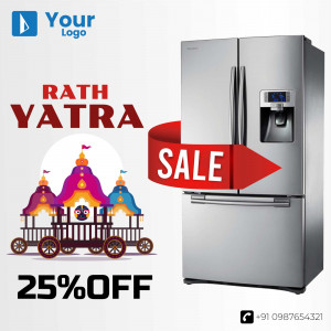 Refrigerator sale advertisement with Rath Yatra theme