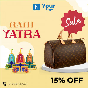 Rath Yatra Sale advertisement featuring a luxury handbag and festival chariots.