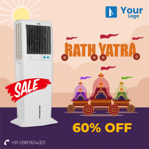 Air cooler with Rath Yatra festival background and sale offer