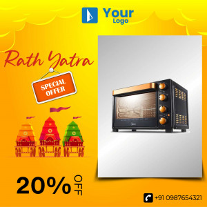 Rath Yatra promotion featuring an oven with a 20% discount.