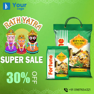 Promotional image for a 30% off sale on Biryani Special Rice during Rath Yatra