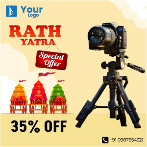Rath Yatra promotion featuring a camera and tripod with a discount offer.