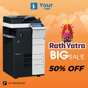 Image of a Konica Minolta copier with a Rath Yatra themed sale promotion.