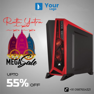 Rath Yatra sale advertisement featuring a computer case and festive decorations.