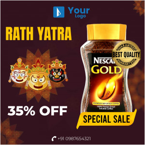Nescafe Gold coffee jar with Rath Yatra decorations and a 35% off sale promotion.