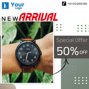 Image of a Timex watch on a wrist with a new arrival and special offer promotion.