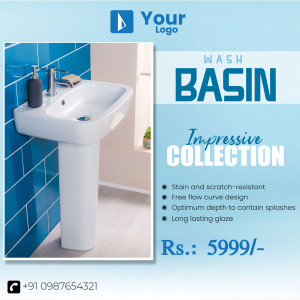 White wash basin with blue tiled background