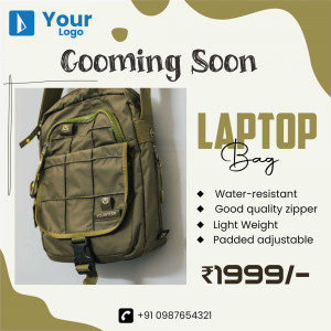 Olive green laptop bag with features listed and price.